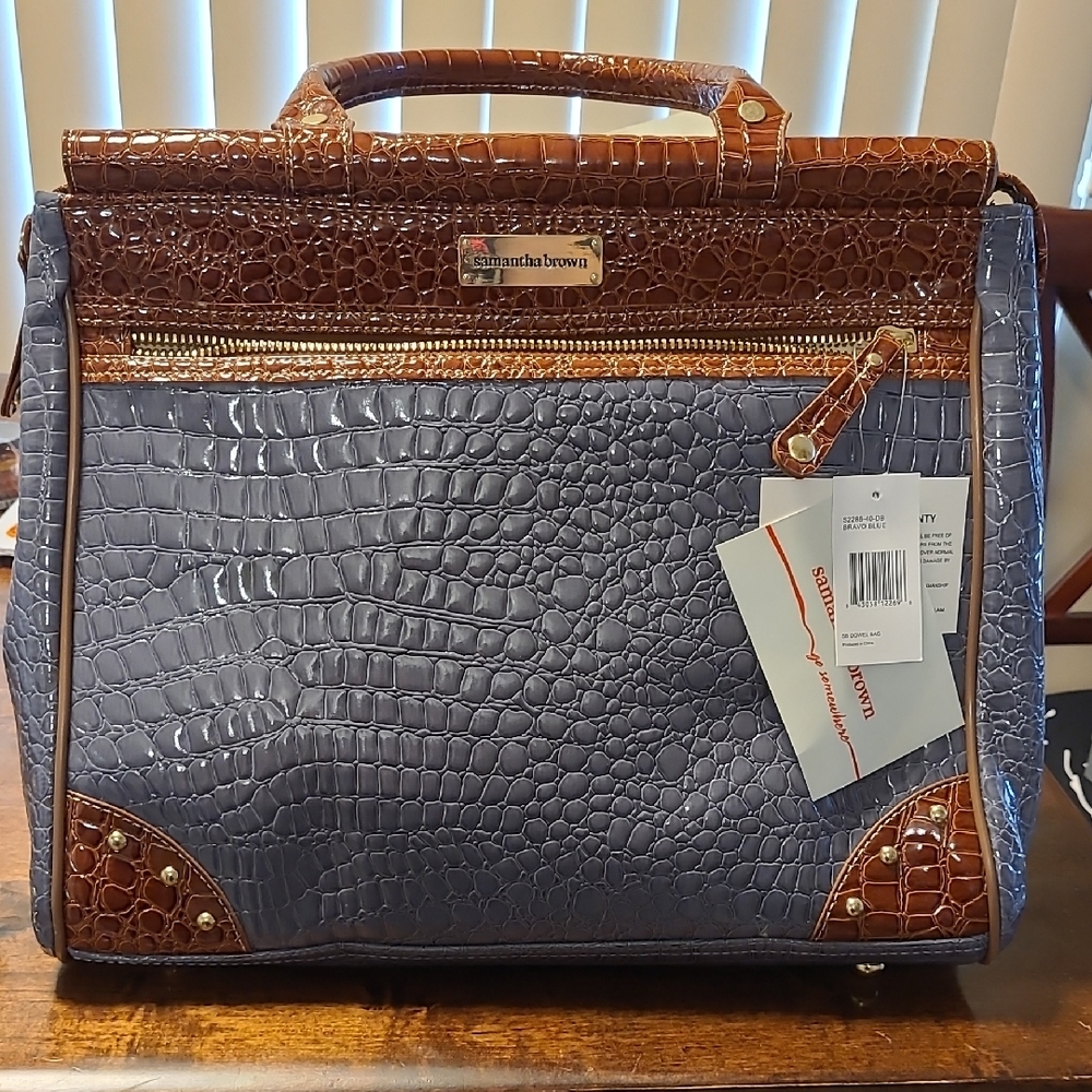 NWT - Samantha Brown Croc Embossed Carry On Travel Bag.  Gray/Blue & Brown